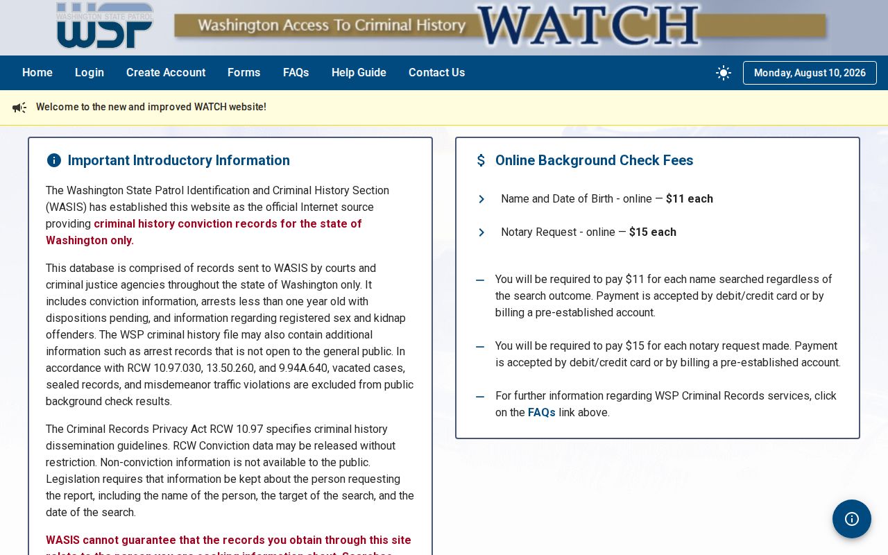 Garfield County criminal history search through Washington WATCH
