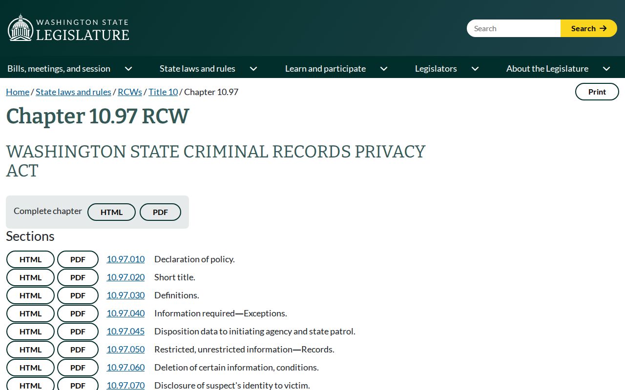 Washington criminal records privacy law for Garfield County records