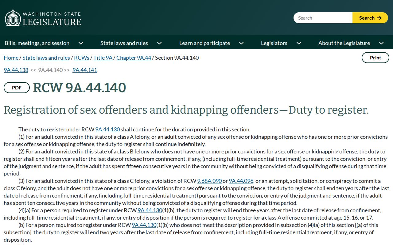 Washington duration rules for Garfield County sex offender registration